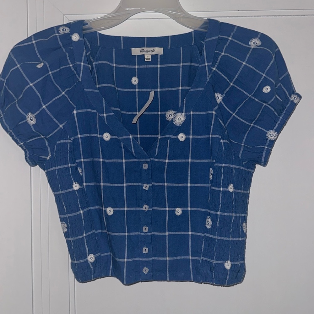New with tags , button front , puff sleeve checkered embroidered crop shirt